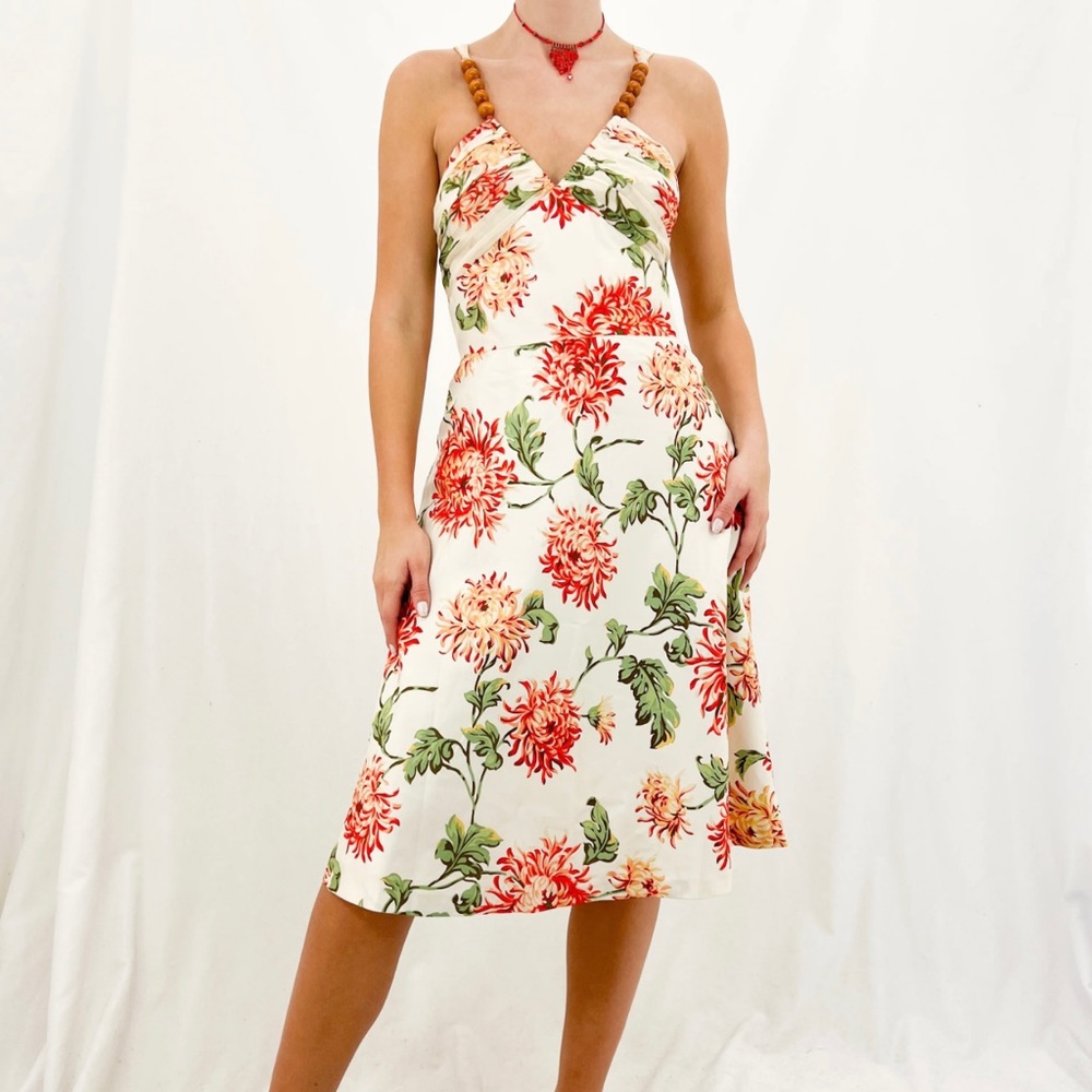 Donna Ricco Ivory + Red Green Print Sundress with Beaded Straps